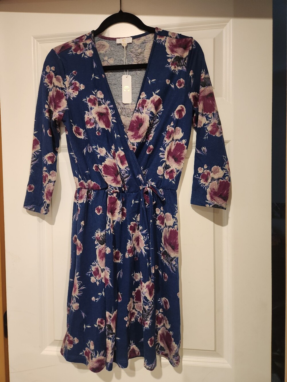 Charming Charlie Blue Floral Wrap Dress with Pink Accents